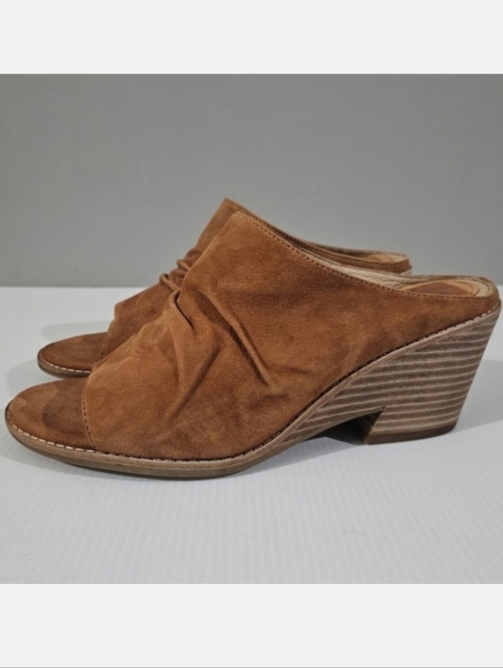 Sofft Strathmore Mule Womens 9.5 Ginger Tan Suede Peep Toe Wedge Heel